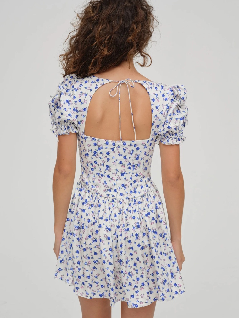 For Love & Lemons Paulina Puff Sleeve Corset Mini Dress Blue Floral Print - S - Picture 4 of 11